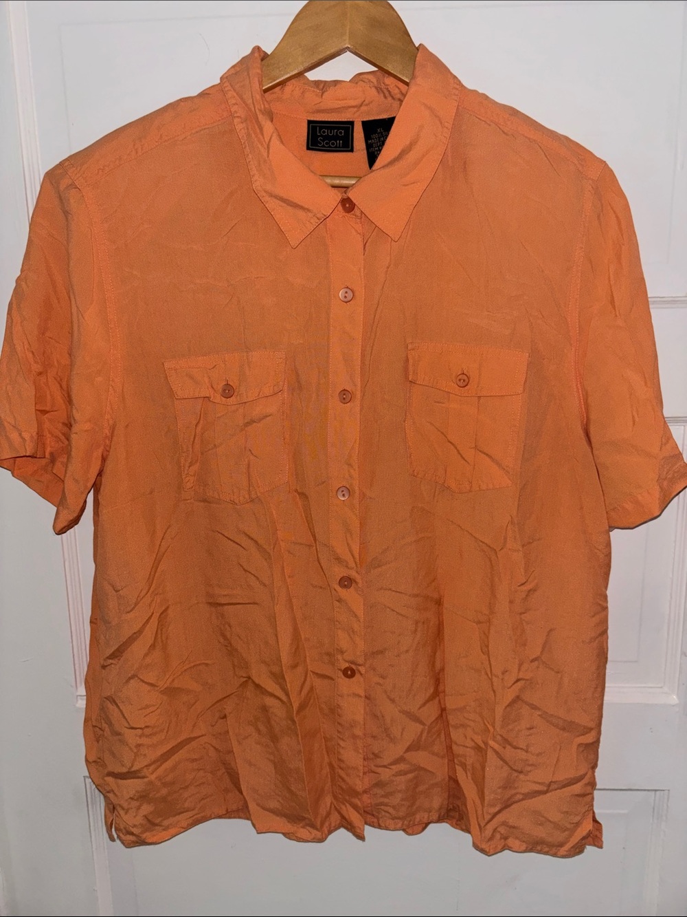 100% Silk Vintage Laura Scott Orange Short-Sleeve Button-Front Shirt XL
